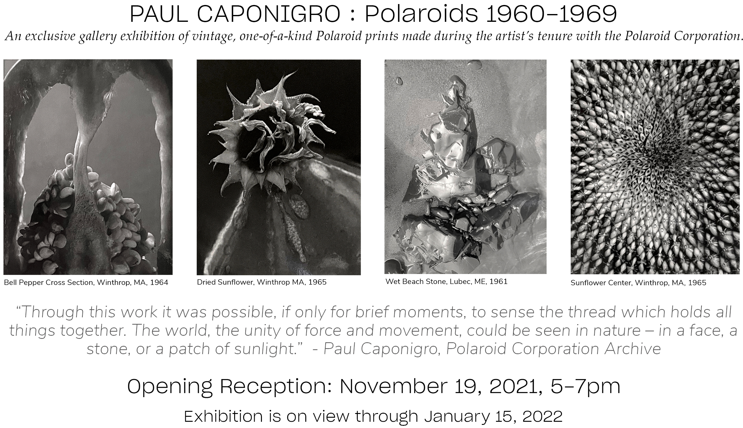 Paul Caponigro Polaroids 1960-1969, opening reception November 19, 2021 on view through January 15, 2022.