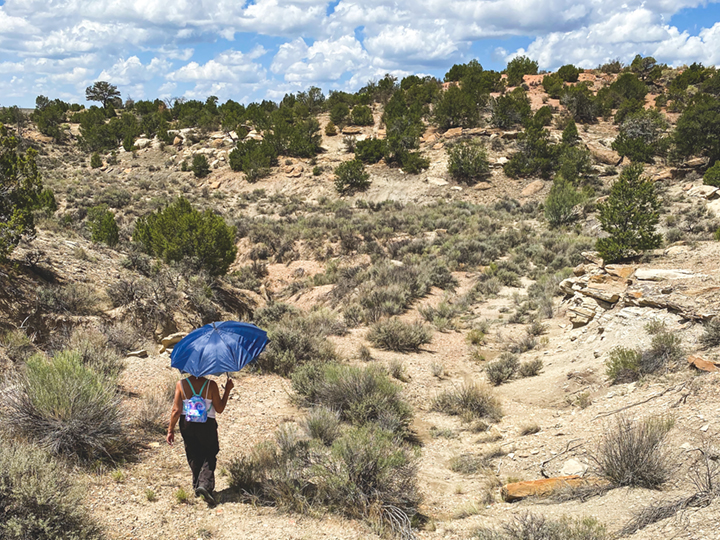 SHAYLA BLATCHFORD, Jennie Yazzie walks down the old road from her childhood home that was covered in mounds of gravel by the McKinley Coal Mine in order to prevent her family from returning to their land in Tse Bonito, Arizona.