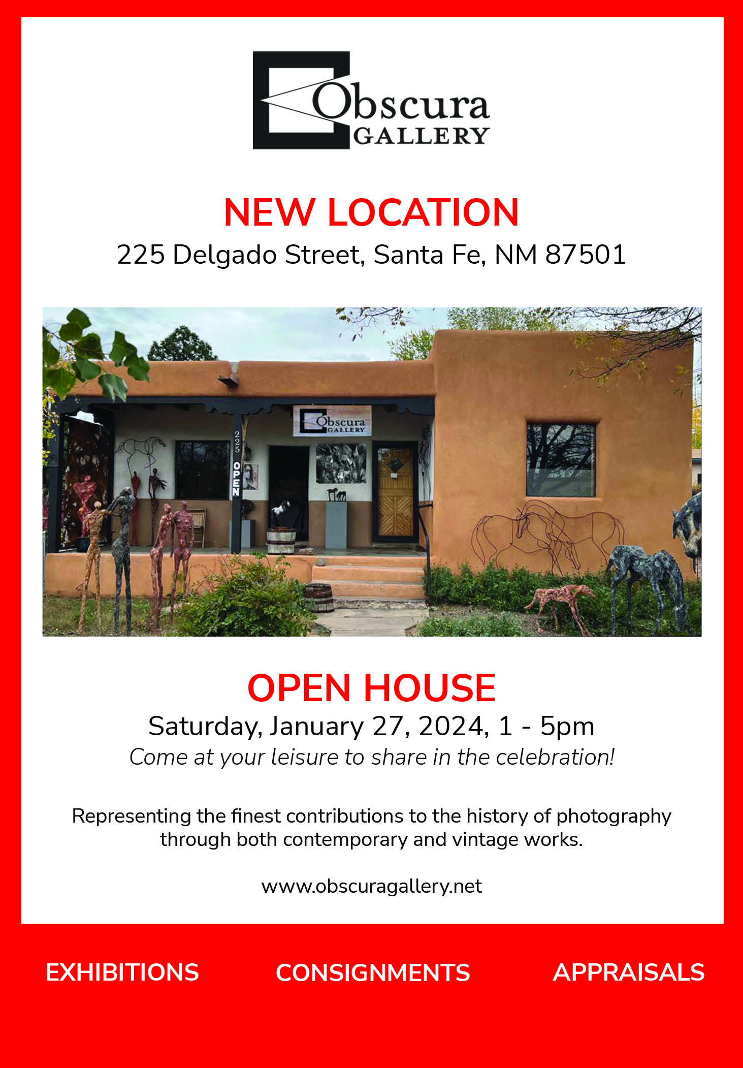 Obscura Gallery new location at 225 Delgado Street. Come celebrate with us during an open house on January 27 from 1-5pm.